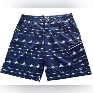 HUK Performance Fishing Shorts Men’s 40 Swordfish Print Navy Blue 11” Inseam EUC